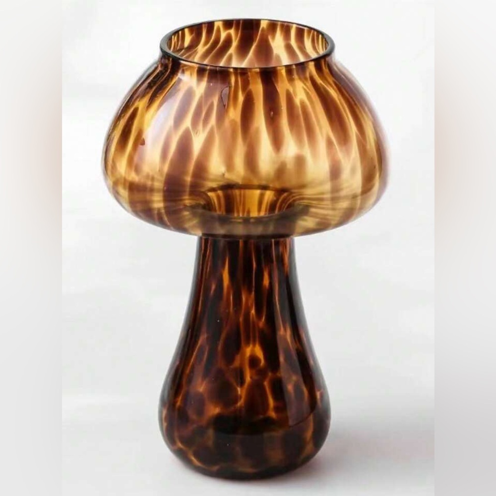 Elegant Brown Tortie Design Glass Mushroom Vase, NWOT - Picture 1 of 7